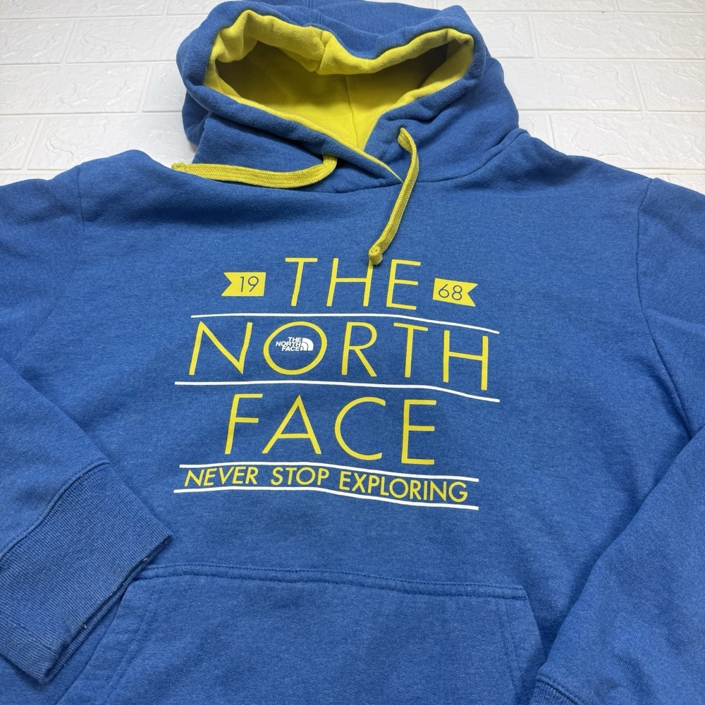 The North Face Hoodie Mens XL Blue Yellow Never Stop Exploring Pullover Fleece